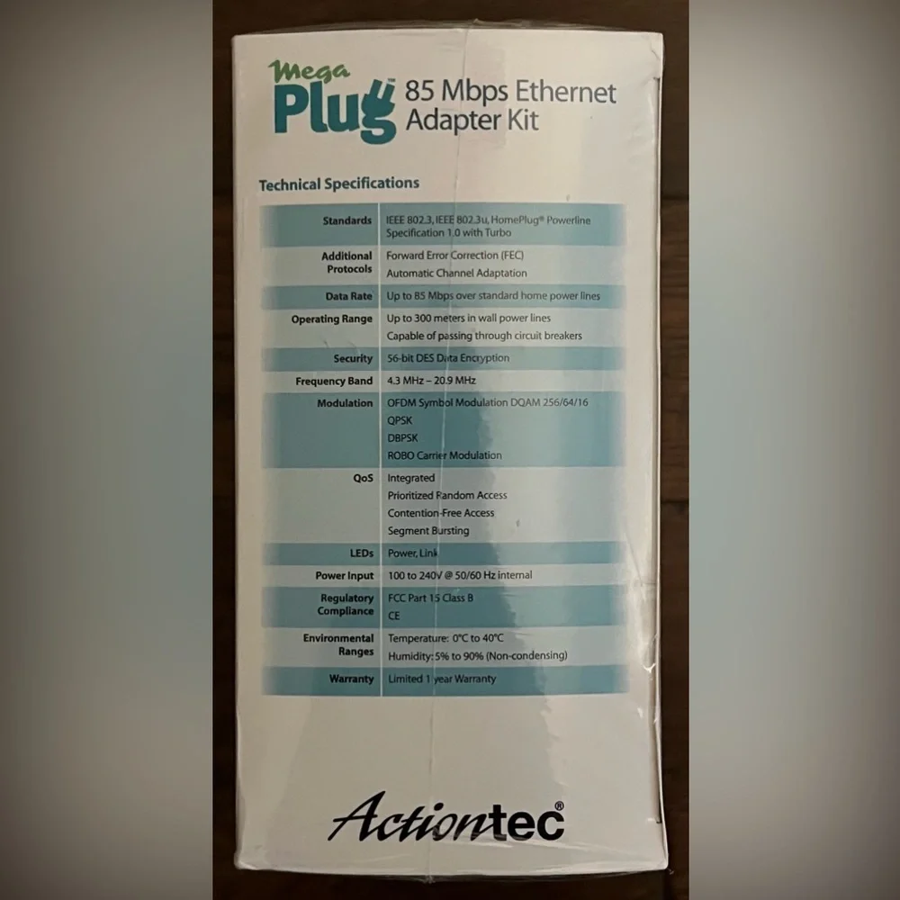 NEW SEALED Actiontec MegaPlug 85 Mbps Ethernet Adapter Kit - White
